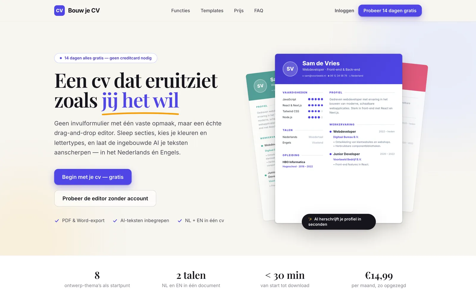 De homepage van Bouw je CV