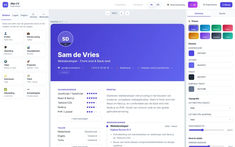 De drag-and-drop-editor met live thema-paneel
