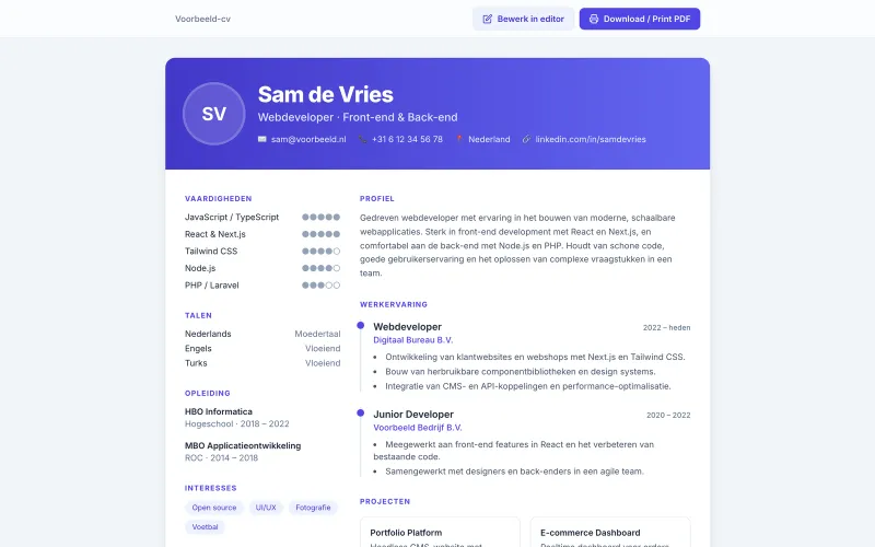 Een voorbeeld-cv, klaar voor PDF